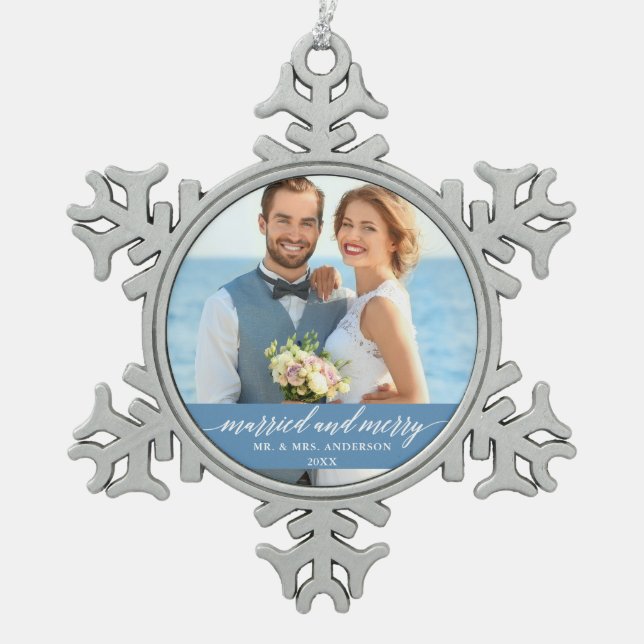 Married and Merry Wedding Calligraphy Light Blue Snowflake Pewter Christmas Ornament (Front)