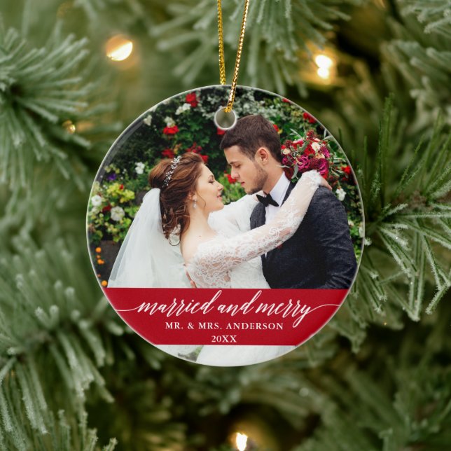 Married and Merry Wedding Calligraphy Red Ceramic Tree Decoration (Tree)