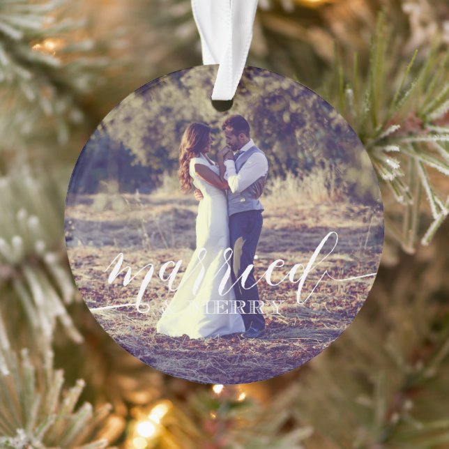 Married and Merry Wedding Christmas Photo Ornament (Tree)