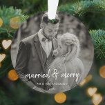 Married and Merry | Wedding Day Photo Christmas Ornament<br><div class="desc">Beautiful wedding day photograph christmas ornament with a simple, modern, minimalist "married and merry" quote in handwritten script typography. This versatile design can be personalised with your own photograph, name and date to make a truly unique and bespoke design in honour of your special day. The card shows an example...</div>