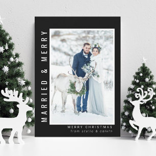 Married and Merry Wedding Photo Black Holiday Card