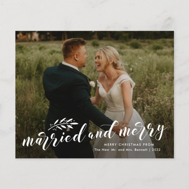 Married and Merry Wedding Photo Christmas Card (Front)