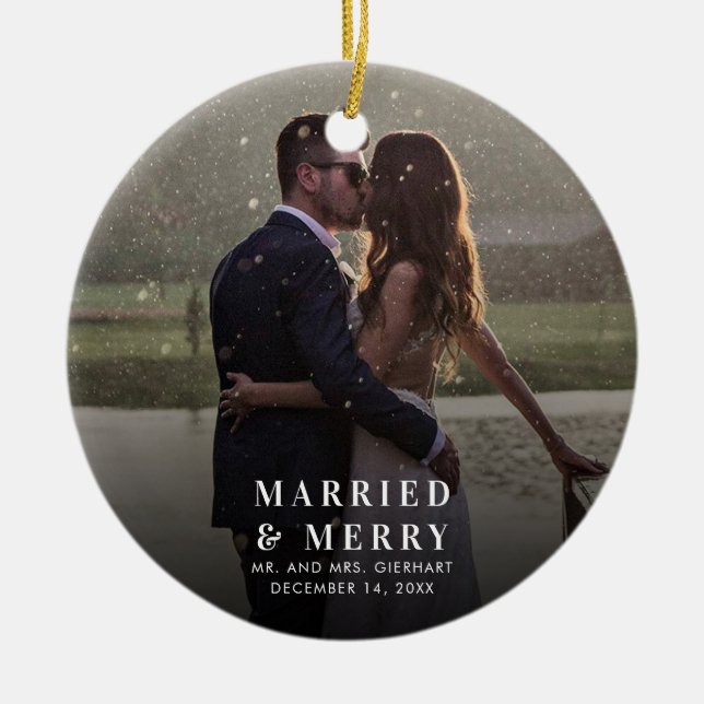 Married and Merry Wedding Photo Christmas Ceramic Tree Decoration (Front)