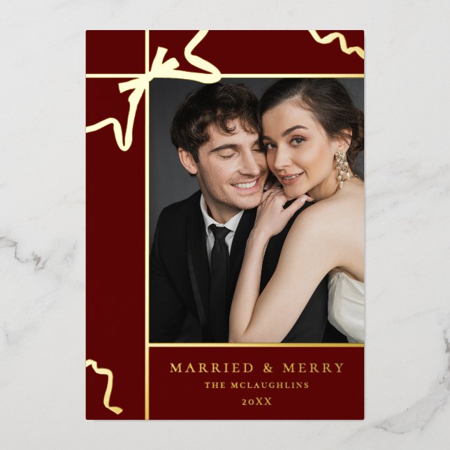 Married and Merry wedding Photo Christmas Foil Holiday Card (Front)