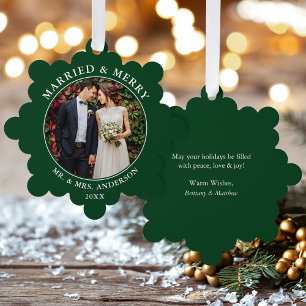 Married and Merry Wedding Photo Green Tree Decoration Card