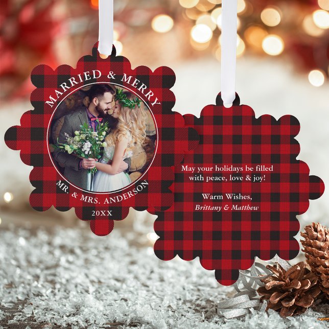 Married and Merry Wedding Photo Red Plaid Tree Decoration Card (A greeting card that is also an ornament! Customize with your photo and personalized text.)