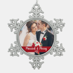 Married and Merry Wedding Photo Red Snowflake Pewter Christmas Ornament