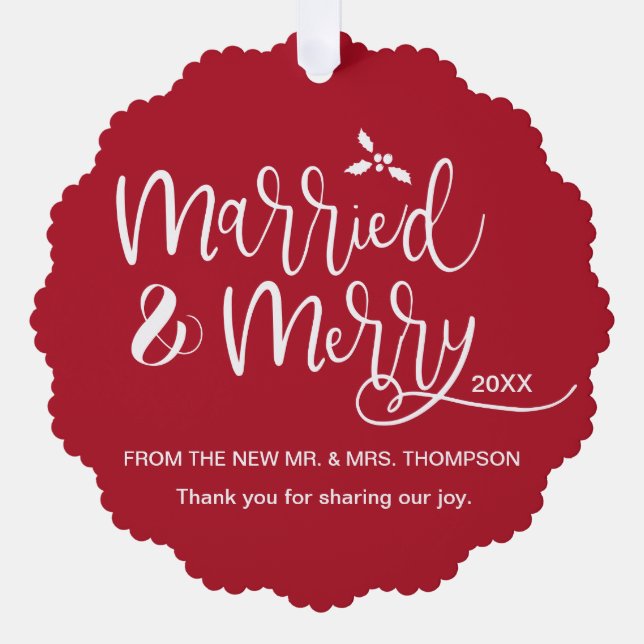 Married and Merry Wedding Photo Red Thank you Tree Decoration Card (Front)