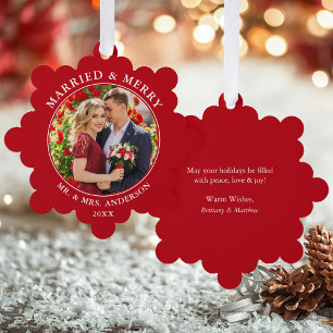 Married and Merry Wedding Photo Red Tree Decoration Card