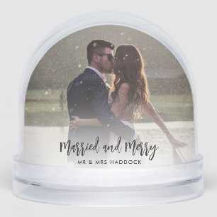 Married and Merry Wedding Photos Christmas Snowglobe