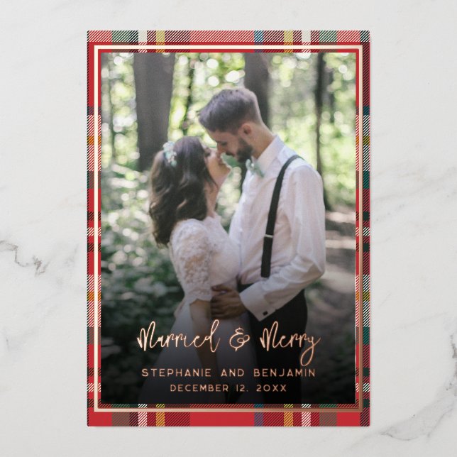 Married and Merry Wedding Photos Rose Gold Foil Holiday Card (Front)