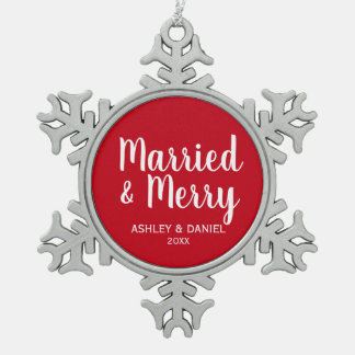 Married and Merry Wedding Red Snowflake Pewter Christmas Ornament
