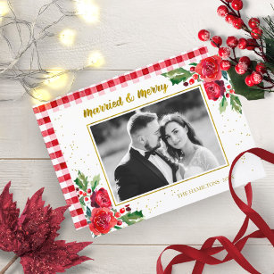 Married And Merry Winter Flowers Christmas Photo Invitation
