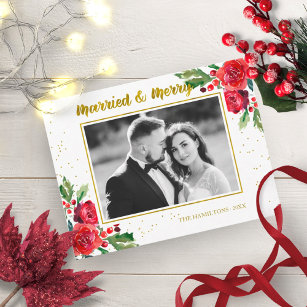 Married And Merry Winter Flowers Christmas Photo Postcard