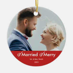 Married and Merry Witty Holiday Photo Ceramic Tree Decoration