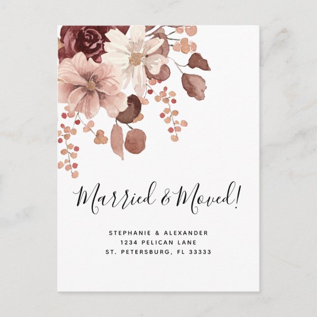 Married and Moved Dusty Rose Floral Eucalyptus  Announcement Postcard (Front)