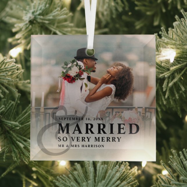Married And So Very Merry Photo Wedding Newlyweds Glass Tree Decoration (Insitu)