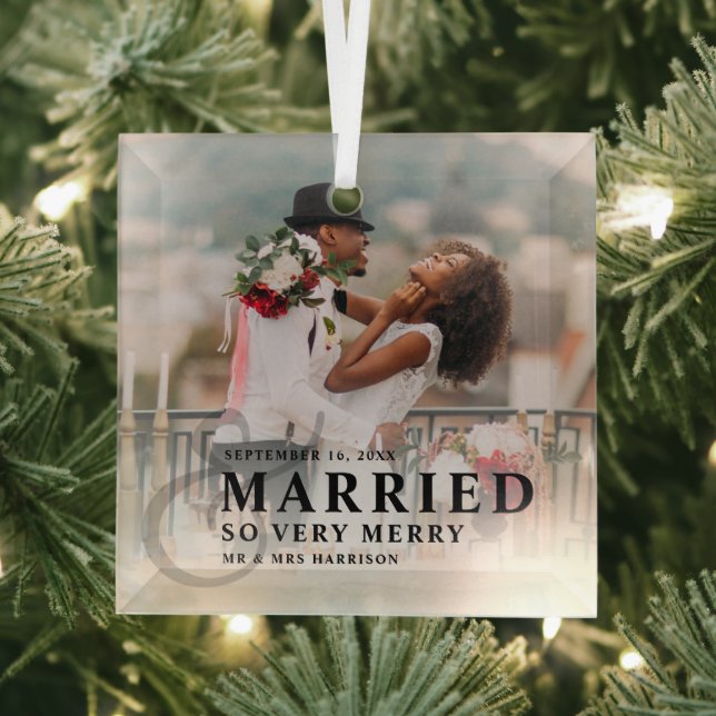 Married And So Very Merry Photo Wedding Newlyweds Glass Tree Decoration (Insitu)