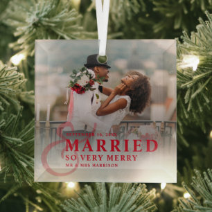 Married And So Very Merry Photo Wedding Newlyweds Glass Tree Decoration