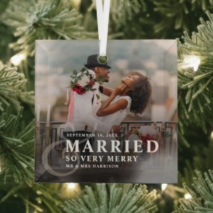 Married And So Very Merry Photo Wedding Newlyweds Glass Tree Decoration