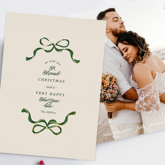 Married Bows Cream & Green Real Gold Photo Foil Holiday Card (Creator Uploaded)