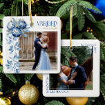 Married & Bright 2 Square Wedding Photo Ceramic Ornament<br><div class="desc">Married and Bright photo ornament - perfect for newlyweds first christmas married or for any happily married couple! The design features blue bauble ornaments with delicate winter foliage to frame your photo and is elegantly lettered with Married and Bright. The other side of the ornament has a second photo framed...</div>