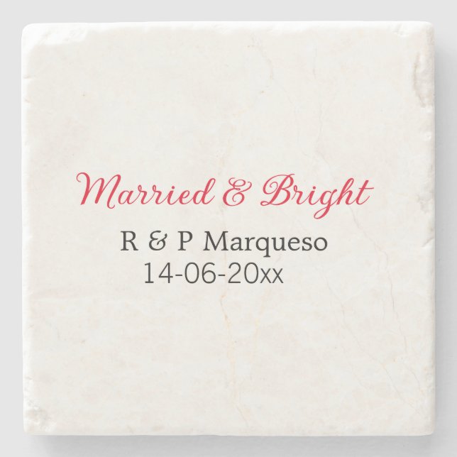 Married & bright add couple name wedding add date  stone coaster (Front)