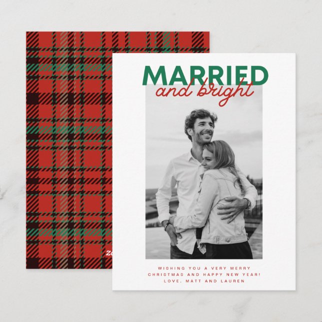 Married Bright Christmas Plaid Newlywed Photo Holiday Card (Front/Back)