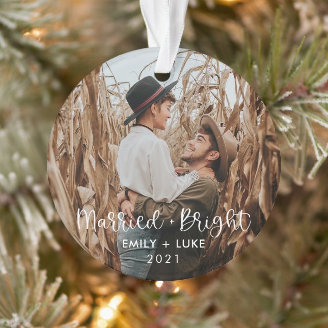 Married + Bright Couples First Christmas Photo Ornament (Tree)