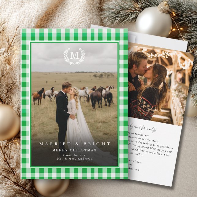 "Married & Bright" Gingham Monogram Crest 2 Photo Thank You Card ("Married & Bright" Gingham Monogram Crest 2 Photo Thank You Card)