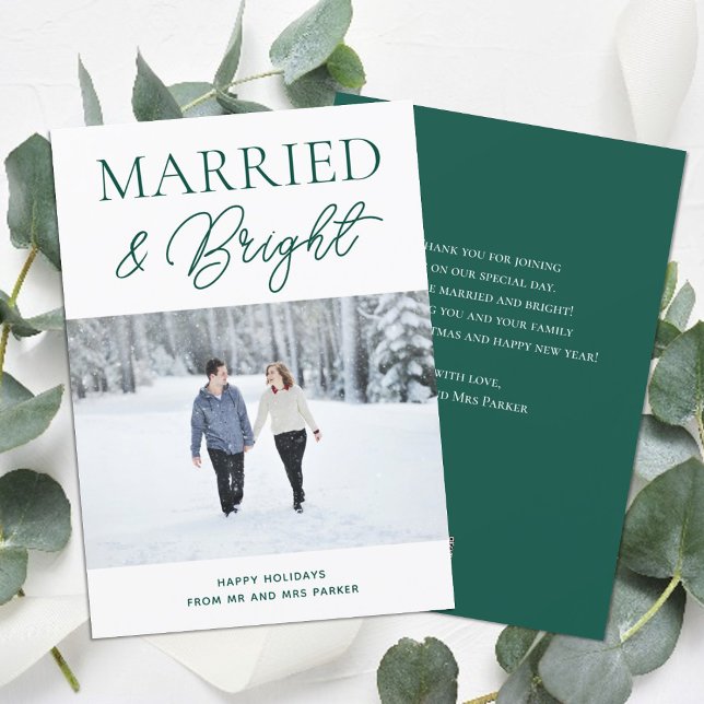 Married Bright Green Script Modern Photo Christmas Holiday Card (Creator Uploaded)