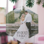 Married & Bright Minimalist Modern Wedding Photo Glass Tree Decoration<br><div class="desc">Married & Bright christmas ornament with wedding photo and option to include the year. Simple,  minimalist and effective with vintage nostalgic typography and a full bleed photo of the new married couple. More ideas can be found in my Newlyweds Christmas Gift Ideas collection.</div>