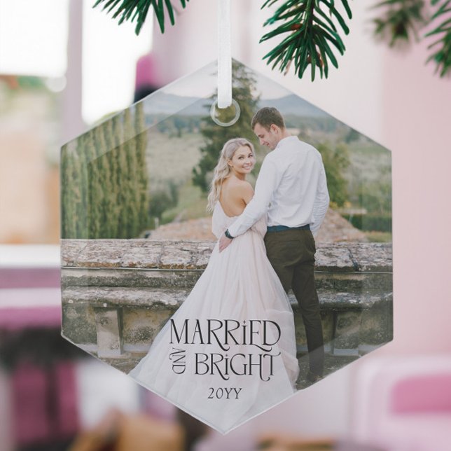 Married & Bright Minimalist Modern Wedding Photo Glass Tree Decoration (Married and Bright wedding photo glass ornament by Darling & May)