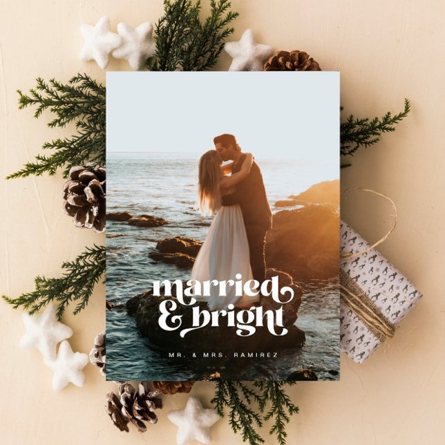 "Married & Bright" Newlywed Photo Christmas Card (Creator Uploaded)