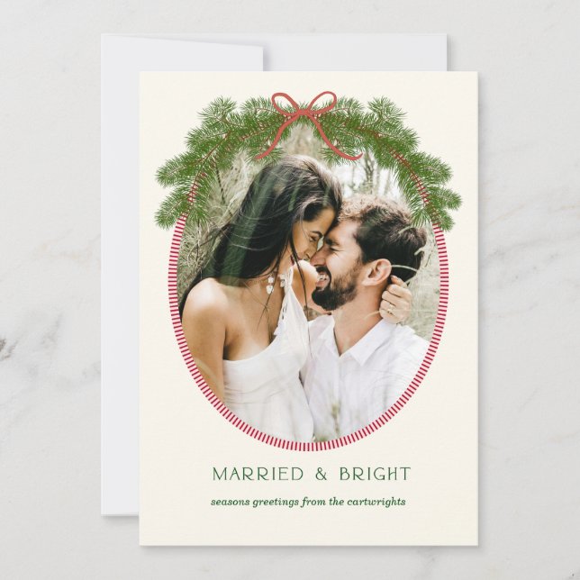 Married & Bright Newlywed Pine Wreath Photo Card (Front)
