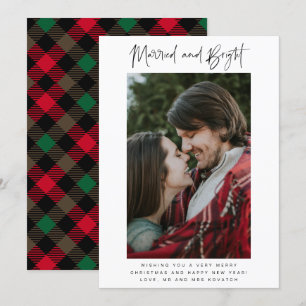 Married Bright Photo Plaid Newlywed Christmas Holiday Card
