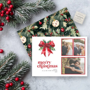 Married & Bright Red Bow Holly Newlywed 3 Photo Holiday Card