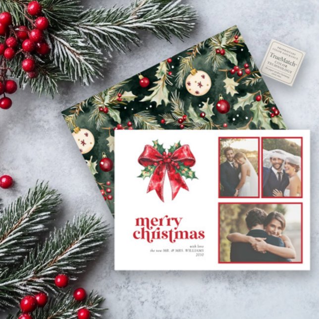 Married & Bright Red Bow Holly Newlywed 3 Photo Holiday Card (Creator Uploaded)