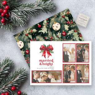 Married & Bright Red Bow Holly Newlywed 5 Photo Holiday Card