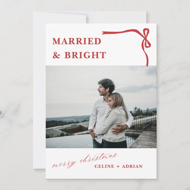 Married & Bright Red Bow Newlywed Christmas Card (Front)