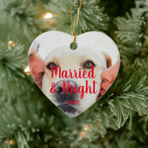Married & bright red heart custom photo Christmas Ceramic Tree Decoration