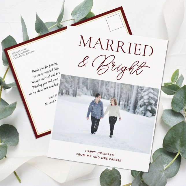 Married Bright Red Script Modern Photo Christmas Holiday Postcard (Creator Uploaded)