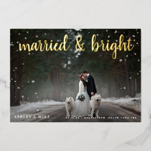 Married & Bright Snow 2 Photo Wedding Thank You Foil Holiday Card