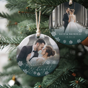 Married & Bright   Wedding Photo Christmas Ceramic Tree Decoration