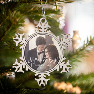 Married & Bright Wedding Photo Snowflake Pewter Christmas Ornament