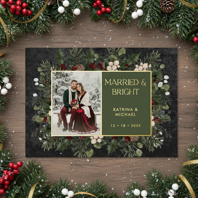 Married & Bright Winter Berries & Pine Black Photo Foil Holiday Card (Creator Uploaded)