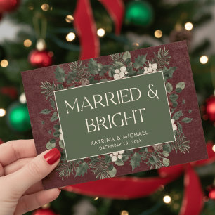 Married & Bright Winter Berries & Pine Burgundy Holiday Card