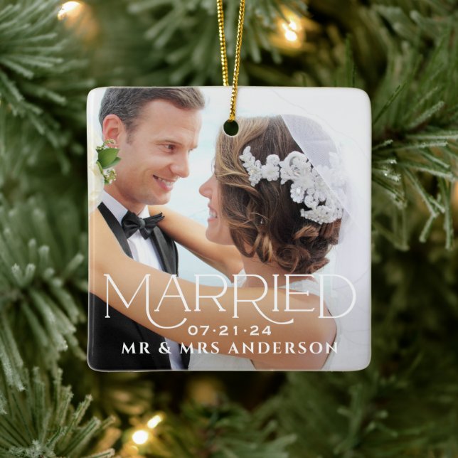 Married Christmas Custom Wedding Photo Monogram Ceramic Ornament (Tree)