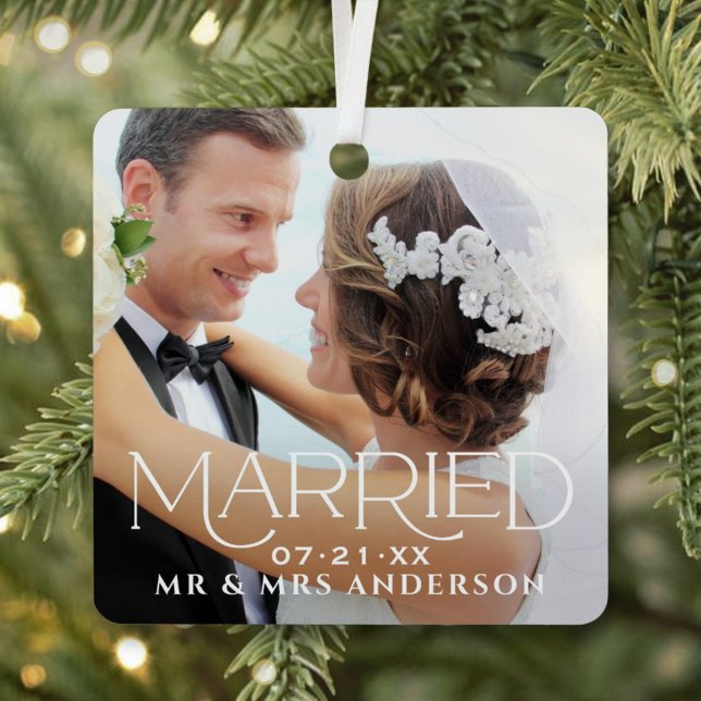 Married Christmas Custom Wedding Photo Monogram Metal Tree Decoration (Creator Uploaded)