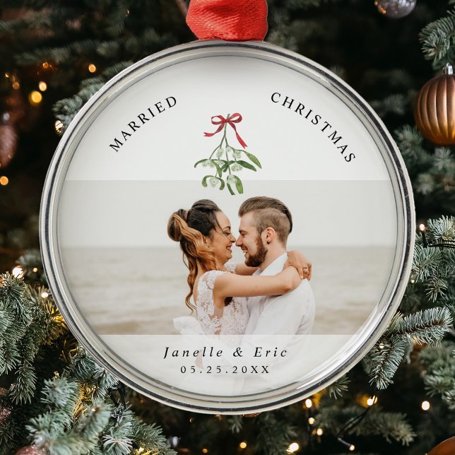 Married Christmas Cute Mistletoe Newlyweds Photo  Metal Tree Decoration (First Married Christmas Joy -  surprise your new hubby with this cute wedding keepsake!)